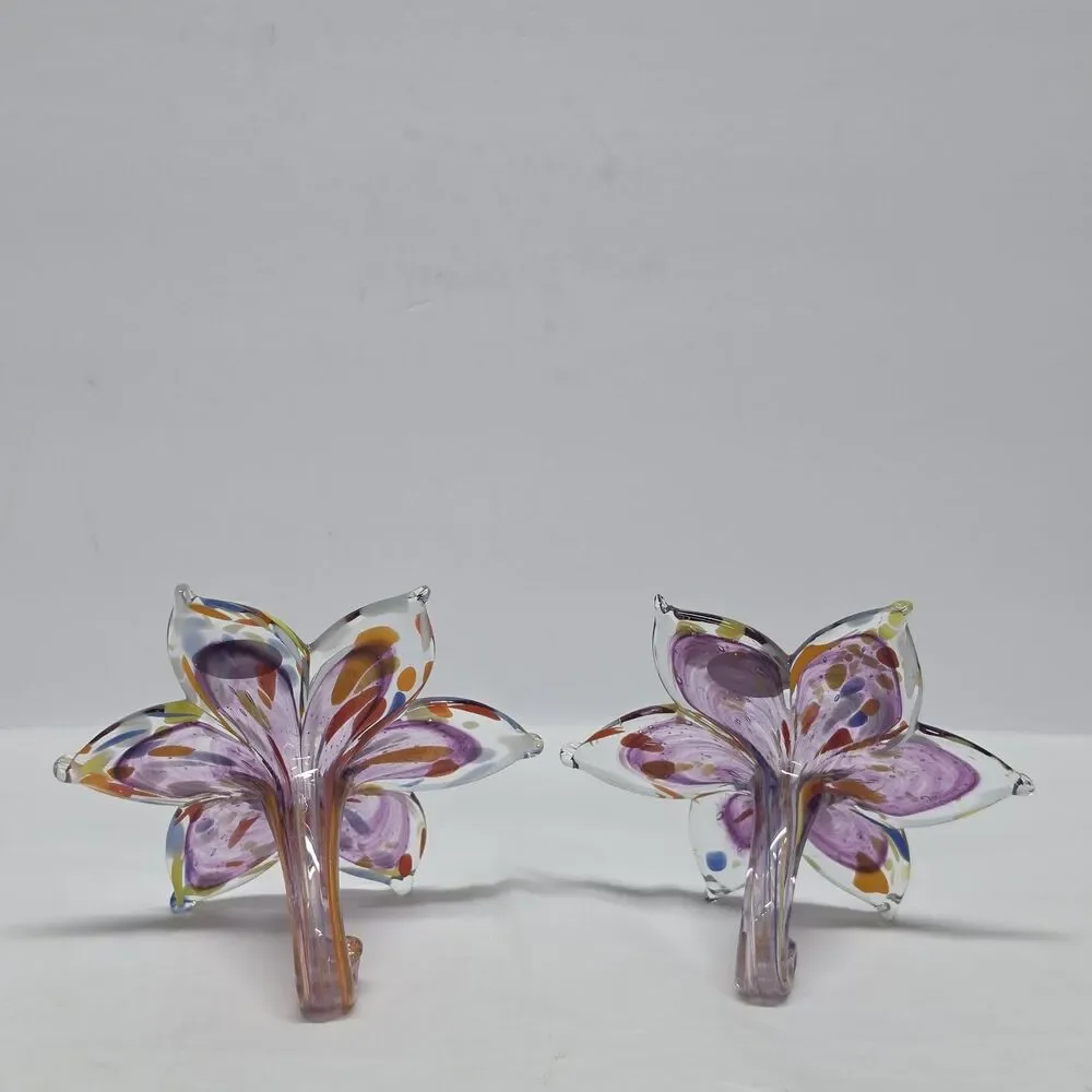 Murano Style Blown Glass Flower Set Of 2 Purple Clear Made in Italy New
